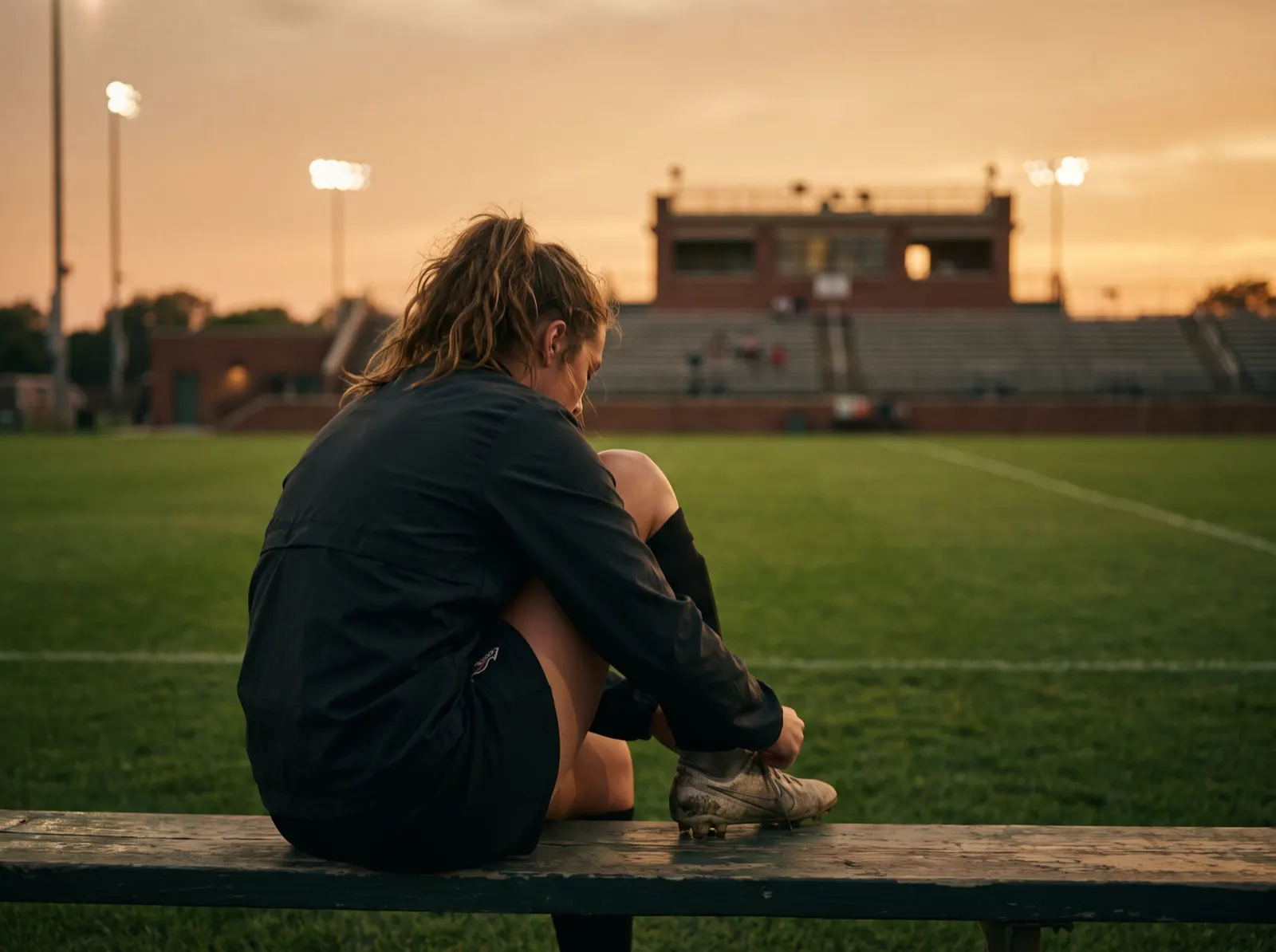 A player lacing up her boots on the sideline at dusk